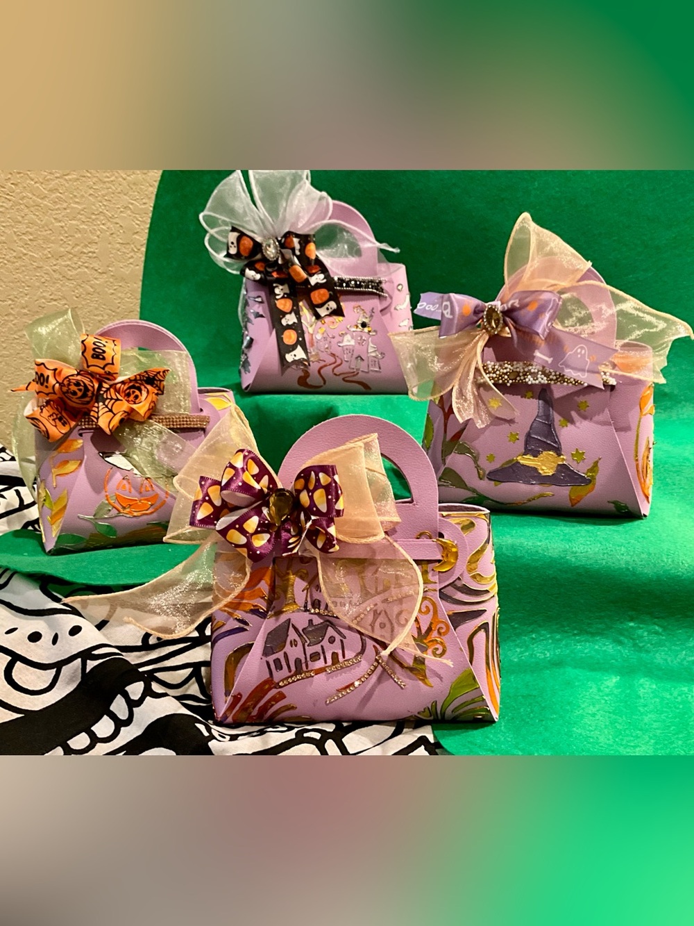 HANDMADE FAUX LEATHER 4 PK HALLOWEEN GIFT BAGS.